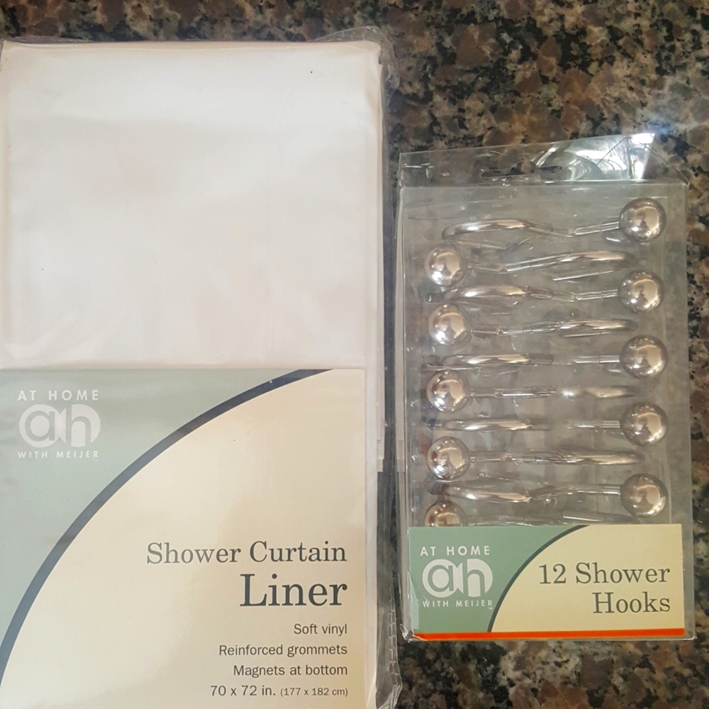 At home white shower curtain liner 70x 72 in w/ new 12 pack shower hooks silver